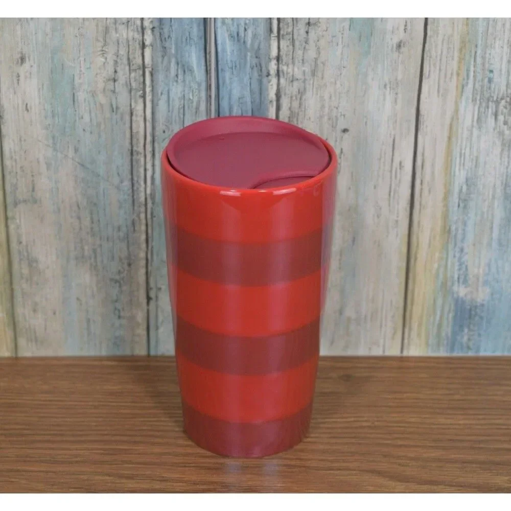 Starbucks Tumbler 12oz Red Striped Travel Mug Coffee Cup Horizontal Stripes NEW